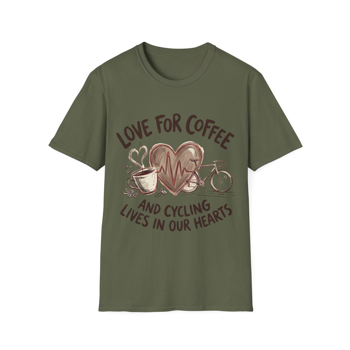 “LOVE FOR COFFEE AND CYCLING LIVES IN OUR HEARTS”  Ver 1 T-shirt